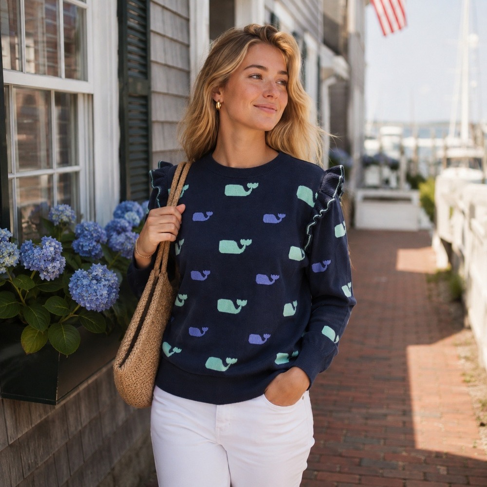 Vineyard Vines Sweater Whale Print Ruffle Shoulder Navy Preppy Women's Medium